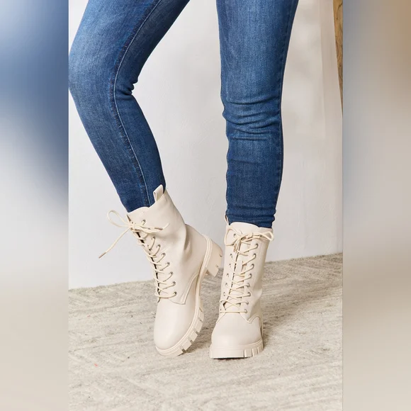 East Lion Corp Zip Back Lace-up Design Front Combat Boots